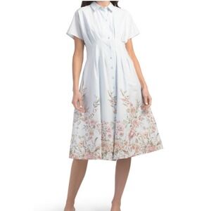 Nicole Miller New York Light Blue Floral Midi Shirt Dress Cottage Core